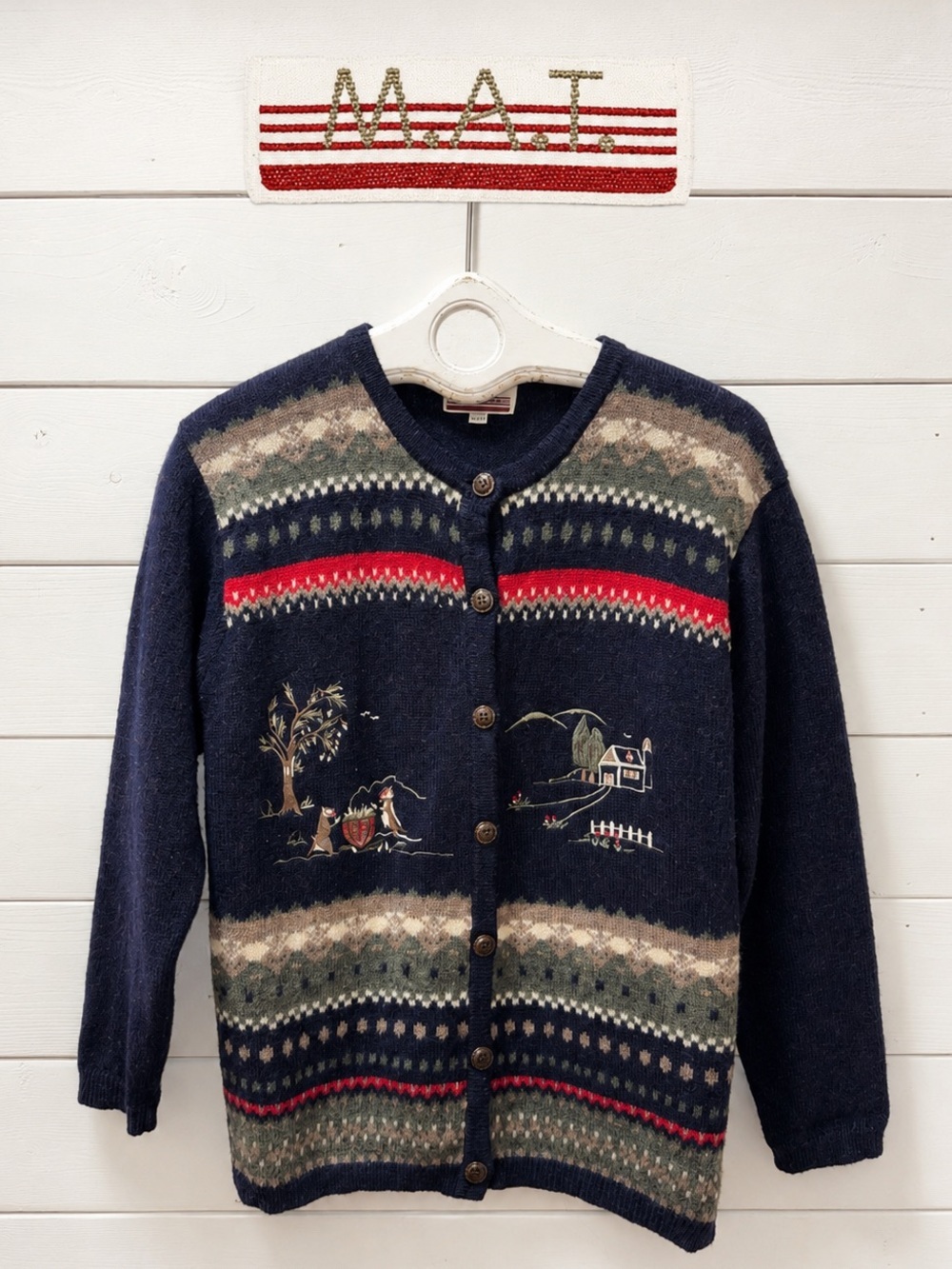 M.A.T. Vintage Fair Isle Embroidered Cardigan Cottagecore Woodland Knit Size S